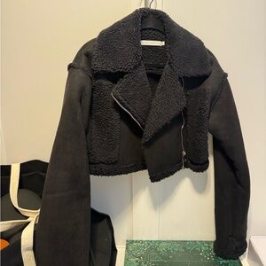 Revolve more to come suede/sherpa black cropped jacket